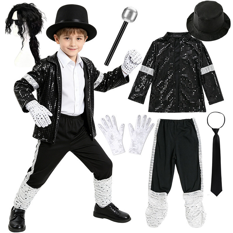 Conjunto de Fantasia Inspirado em Michael Jackson para Meninos, Jaqueta, Calças, Chapéu e Luvas para Halloween e Festa d