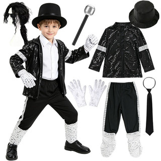 Conjunto de Fantasia Inspirado em Michael Jackson para Meninos, Jaqueta, Calças, Chapéu e Luvas para Halloween e Festa d