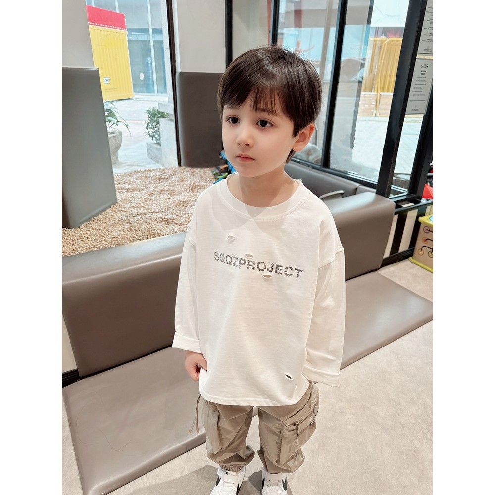 T texturizado fio duplo algodão ~ meninos primavera estilo ocidental rasgado manga comprida camiseta crianças primavera 