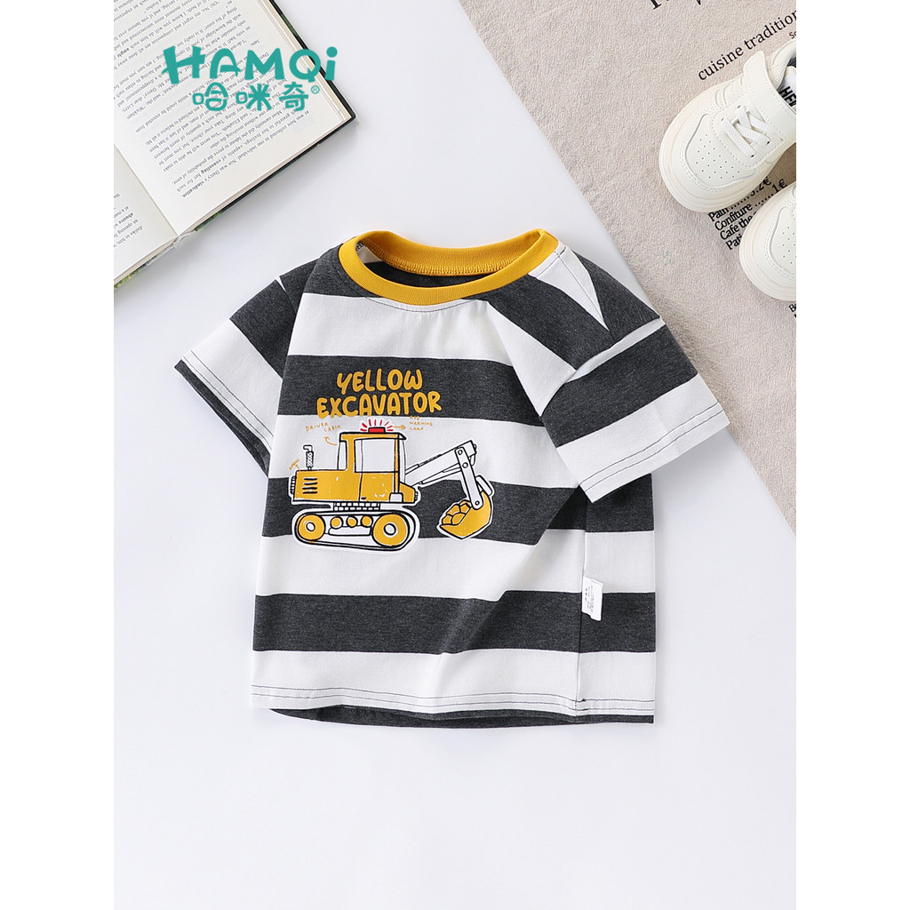Meninos camiseta de manga curta verão roupas infantis pequenas crianças listrado dos desenhos animados impresso camisa d