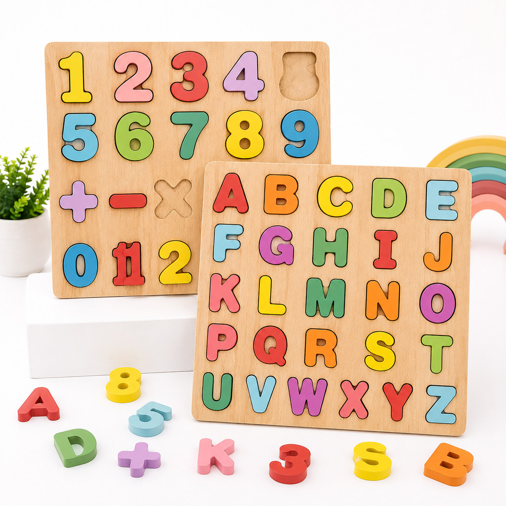 Kit 2Tabuleiro Educativos Alfabeto Números e Formas Geométricas Brinquedo Montessori Madeira