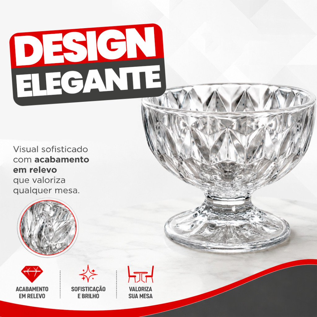 Kit 6 ou 12 Taças de Sobremesa 270ml Diamante Vidro Transparente para Sorvete Mousse Açaí Salada de Frutas