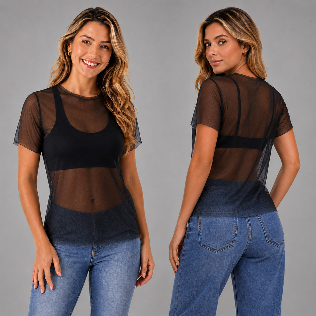 Blusa Feminina Tule Transparente Manga Curta Fitness Academia Casual Respirável Moda Esportiva