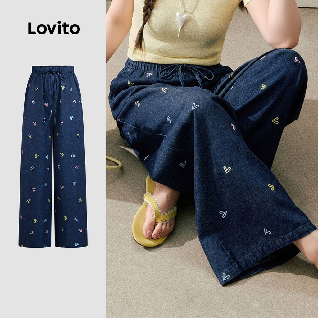 Lovito Calça Casual Feminina Azul Marinho com Padrão de Coração para a Primavera/Verão LK7AD071