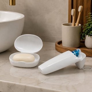 Kit Porta Escova Dental Saboneteira Plástico 2 Peças Branca MARTIPLAST