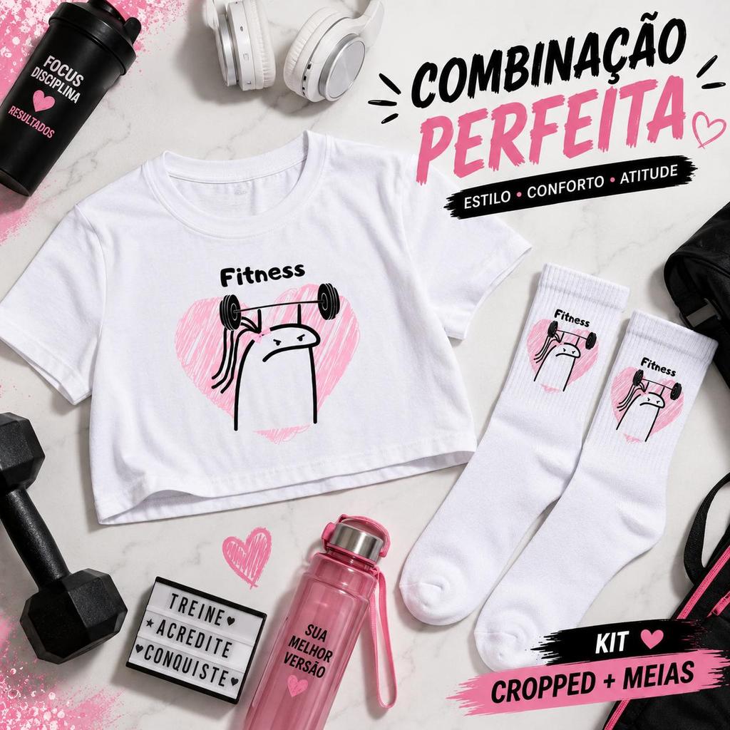 Kit Fitness Feminino Cropped Camiseta + Meia Cano Médio Estampada Academia Treino Musculação Conjunto Feminino Fitness