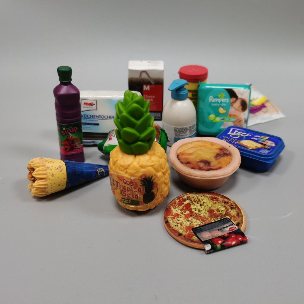 Supermercado em miniatura comida real brinquedo cena simulação pão doces abacaxi ovo Tart bebida soldado boneca acessóri