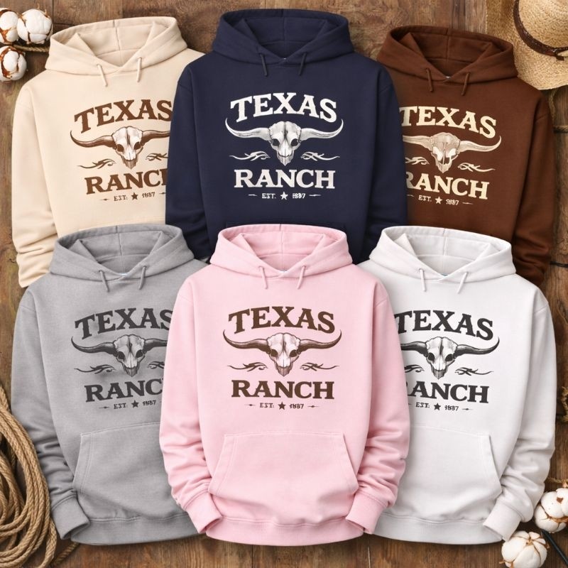 Moletom Texas Ranch Estampado Country Western Com Capuz Canguru Masculino Feminino infantil