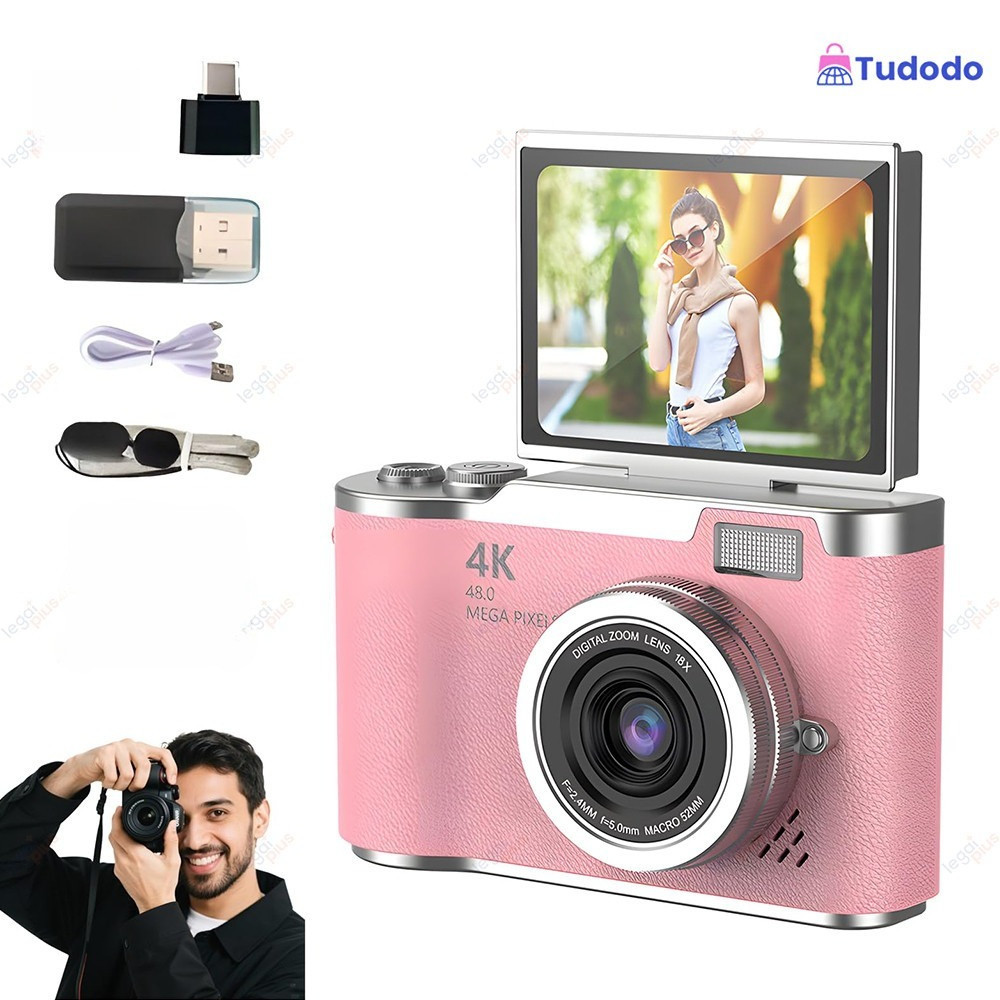 Câmera CCD Profissional 48MP Zoom 8x Gravação 4K Tela Flip para Selfies e Conteúdo Estudantil