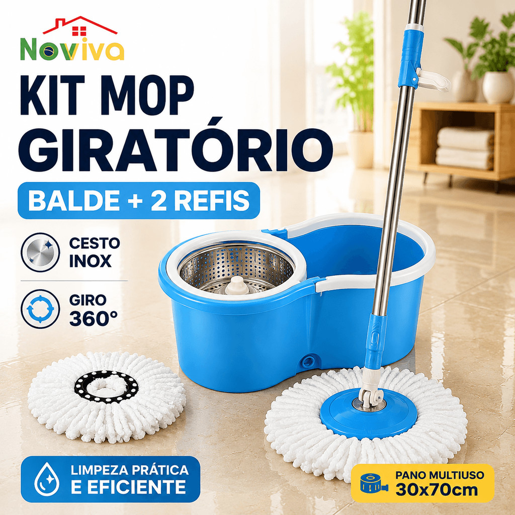 Kit Esfregão Giratório com Balde Inox Preto Ou Pano Multiuso 30x70cm