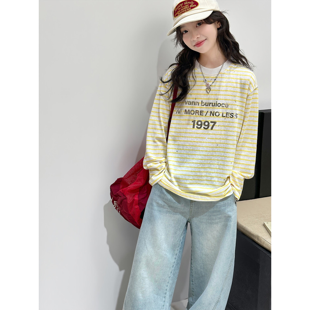 Meninas de manga comprida listrado camiseta 2026 novo estilo crianças primavera outono estilo moda estilo fino camisa de