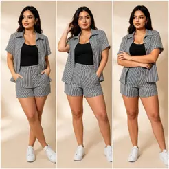 Conjunto Feminina Listrada Verão Tecido Duna Camisa com Botões e Short elastano na Cintura