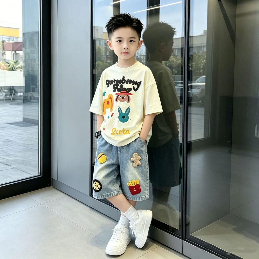 ❤❤ Meninos moda dos desenhos animados terno de manga curta 2026 médio grande crianças esportes lazer na moda frito rua b