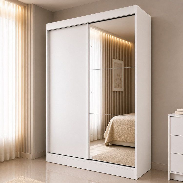 Guarda-Roupa Solteiro 2 Portas de Correr 1 Espelho 1 Gaveta 6 Prateleiras 1 Cabideiro Palhoça Branco Branco