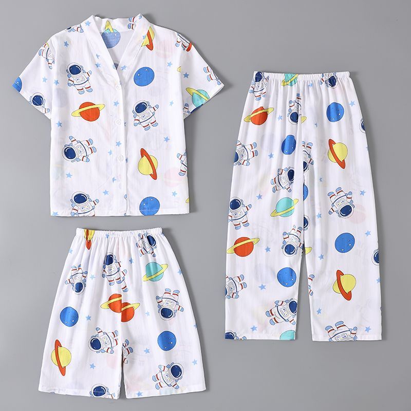 Desenhos animados impressos de três peças Homewear terno crianças verão manga curta algodão seda médio grande crianças m