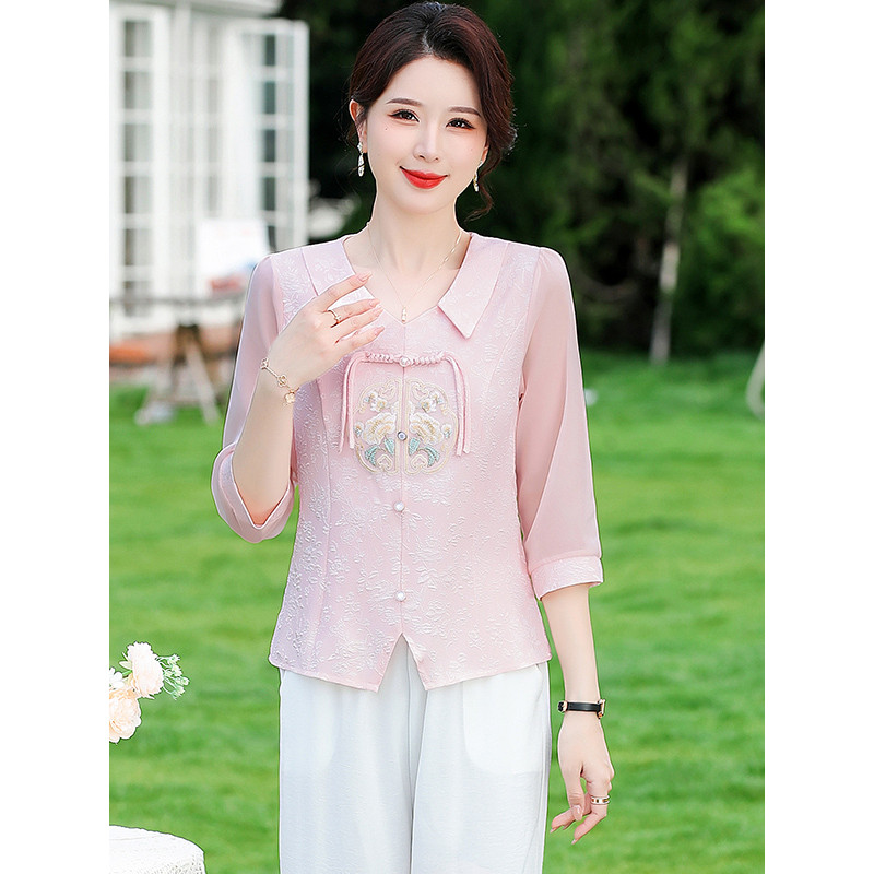 Novo estilo chinês roupas de outono camisa de fundo roupas femininas de meia-idade roupas de mãe reduzindo a idade estil