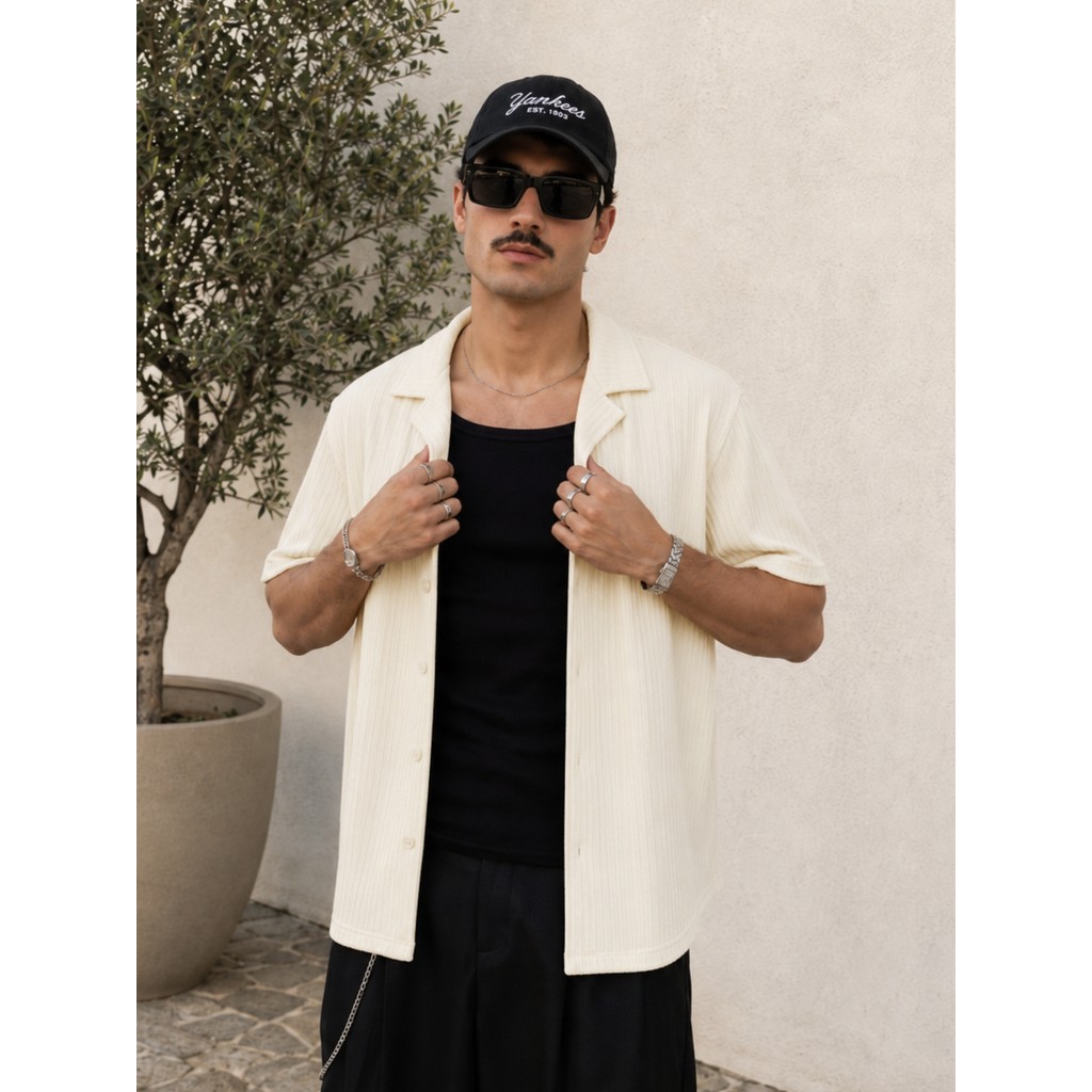 Camisa De Linho Masculina Manga Curta Para Verão Moda Praia Texturizada Old Money Resort Elegante