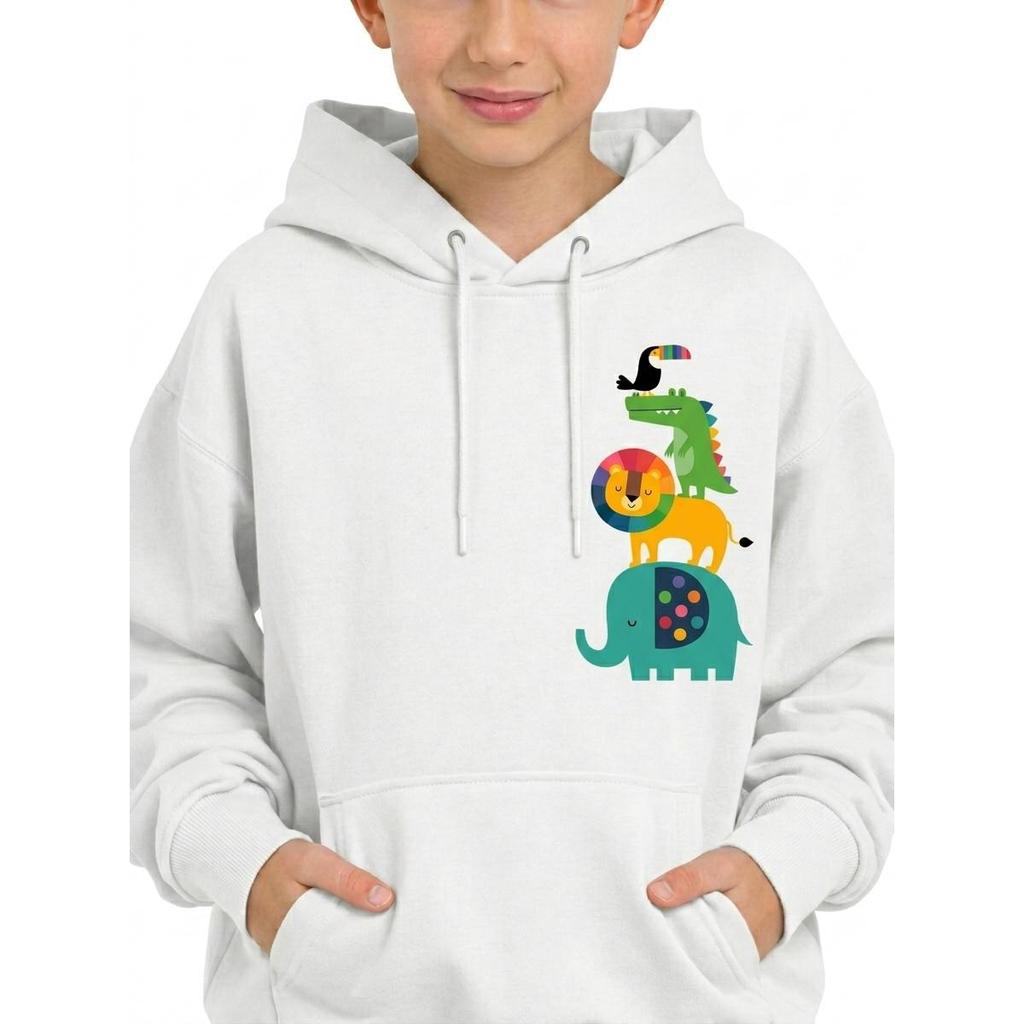 Moletom Infantil Feminino e Masculino Canguru Estampado Animais Coloridos Dinossauro Leão Capuz Blusa de Frio Unissex