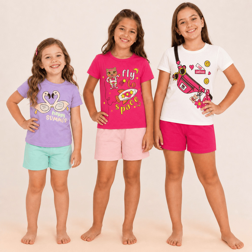 Kit 6 Peças Infantil Menina 3 Camisetas + 3 Shorts Algodão Moletinho Verão Tam 1 ao 14 Estampas Sortidas para Uso Diário