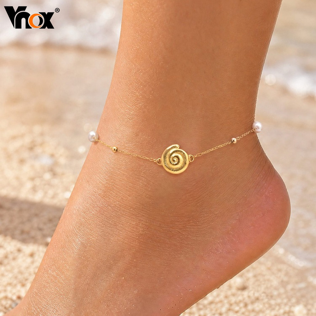 Vnox Aço Inoxidável Estrela Concha Pérola Tornozeleira Ouro Espiral Charme Verão Praia Feminino Pé Jóias