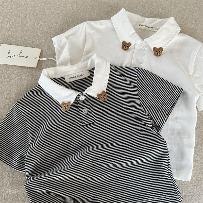 Bebê menino verão camisa polo de manga curta na moda urso listrado topo crianças estilo fino meninos meninas camiseta de