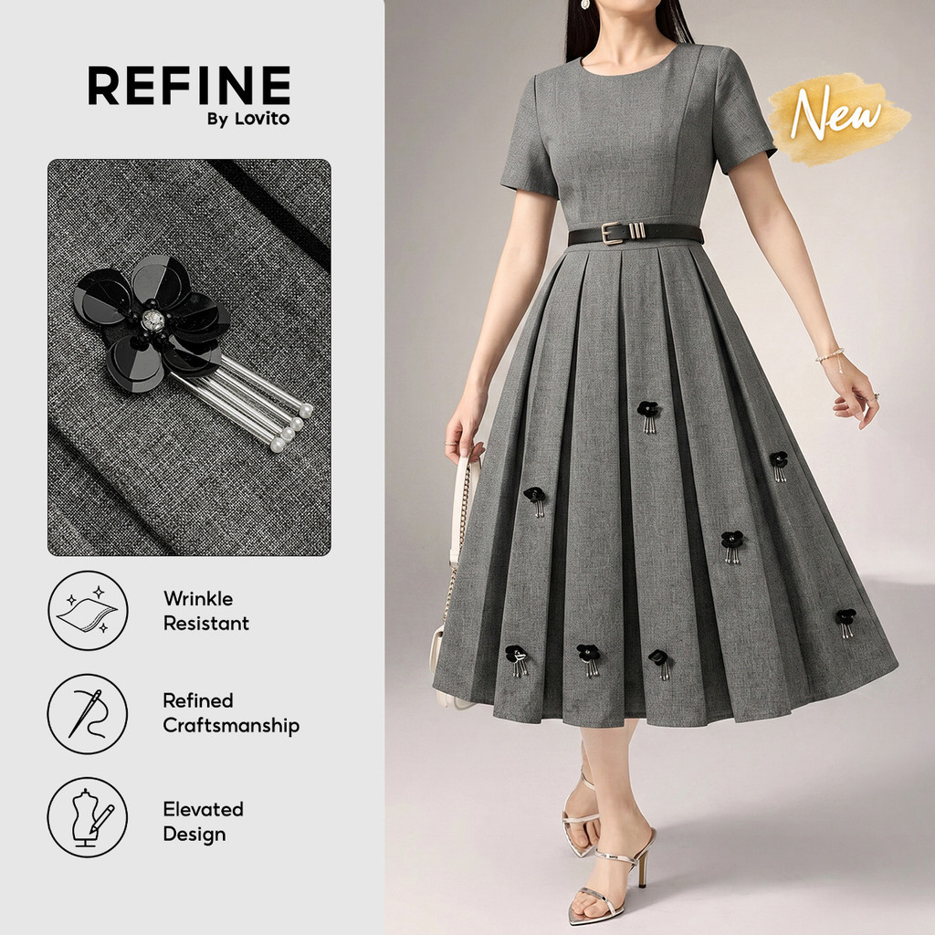 (New Arrival) (Refine by Lovito) Vestido Cinza Aline Longo Plissado Com Fivela De Strass Antirugas Para Trabalho Feminino DRR43P1D053