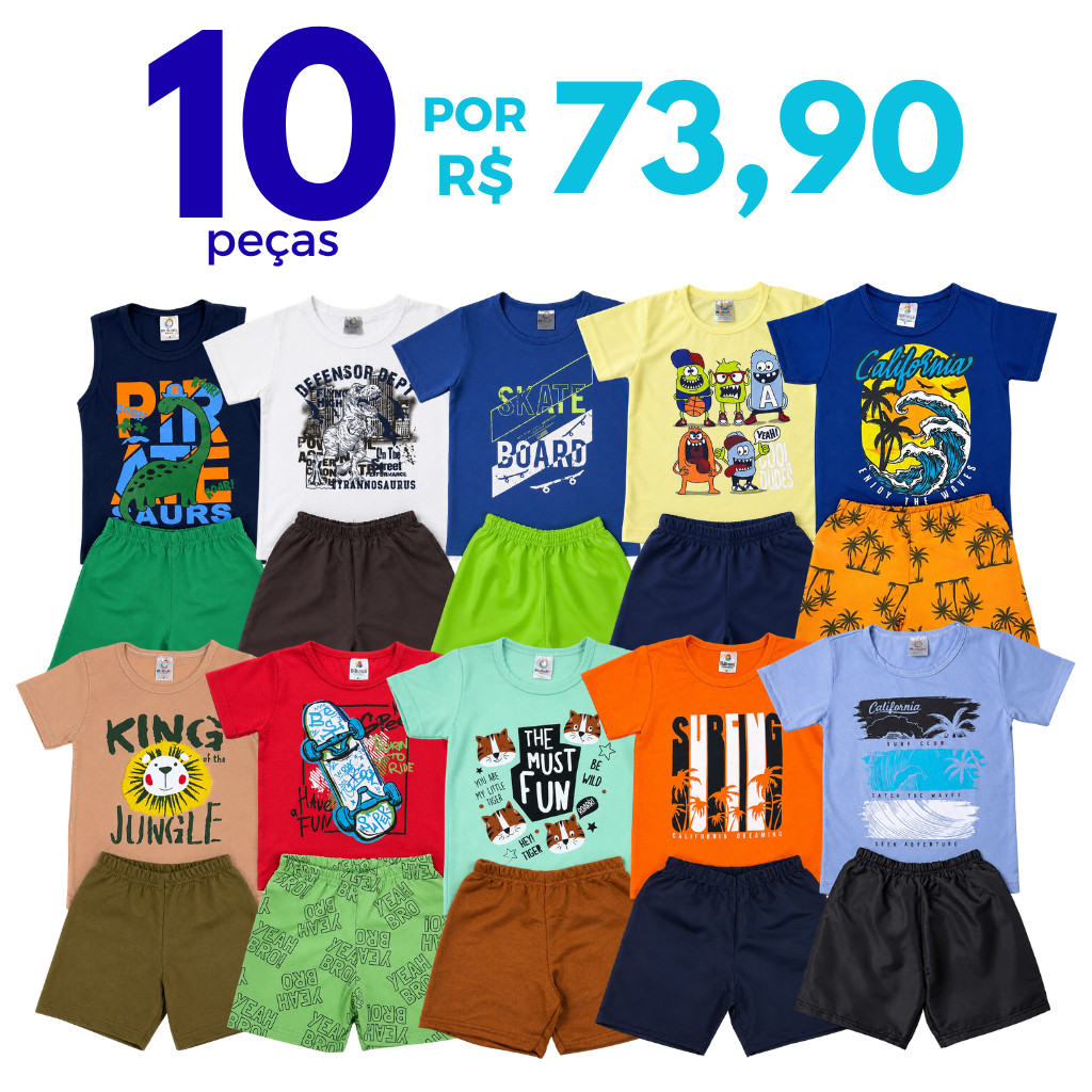 Kit 10 peças Conjunto Verão Roupa Menino Infantil 5 Camiseta e 5 Shorts/Bermudas Sortidos 5 Conjuntos