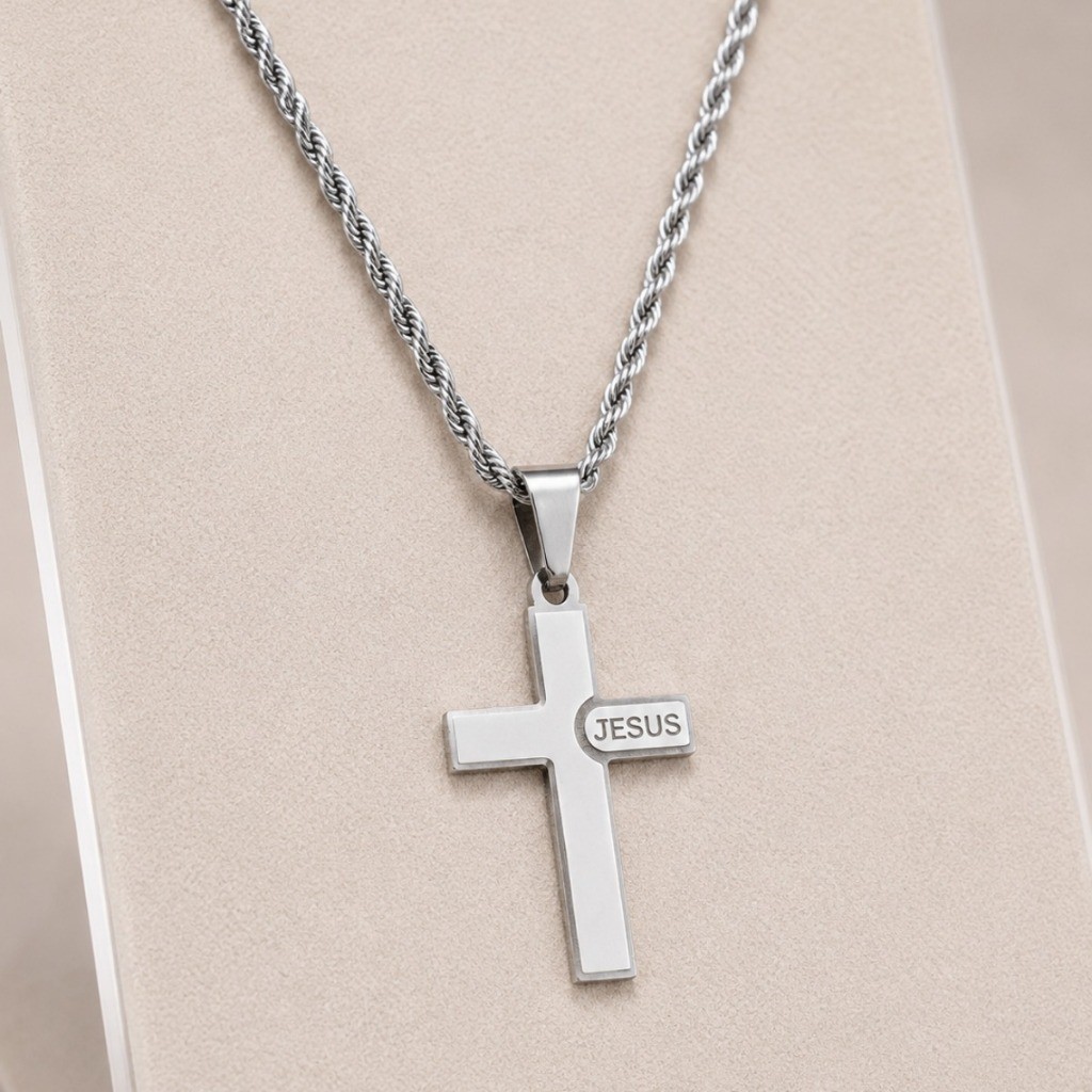 Colar  Cruz Jesus em Aço Inoxidável Banhado a Prata Masculino/Feminino Corrente Torcida Religioso Antialérgico Resistent