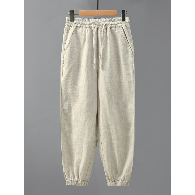 Calças de linho puro masculinas de perna larga Bloomers calças masculinas de linho calças casuais de perna solta calças 