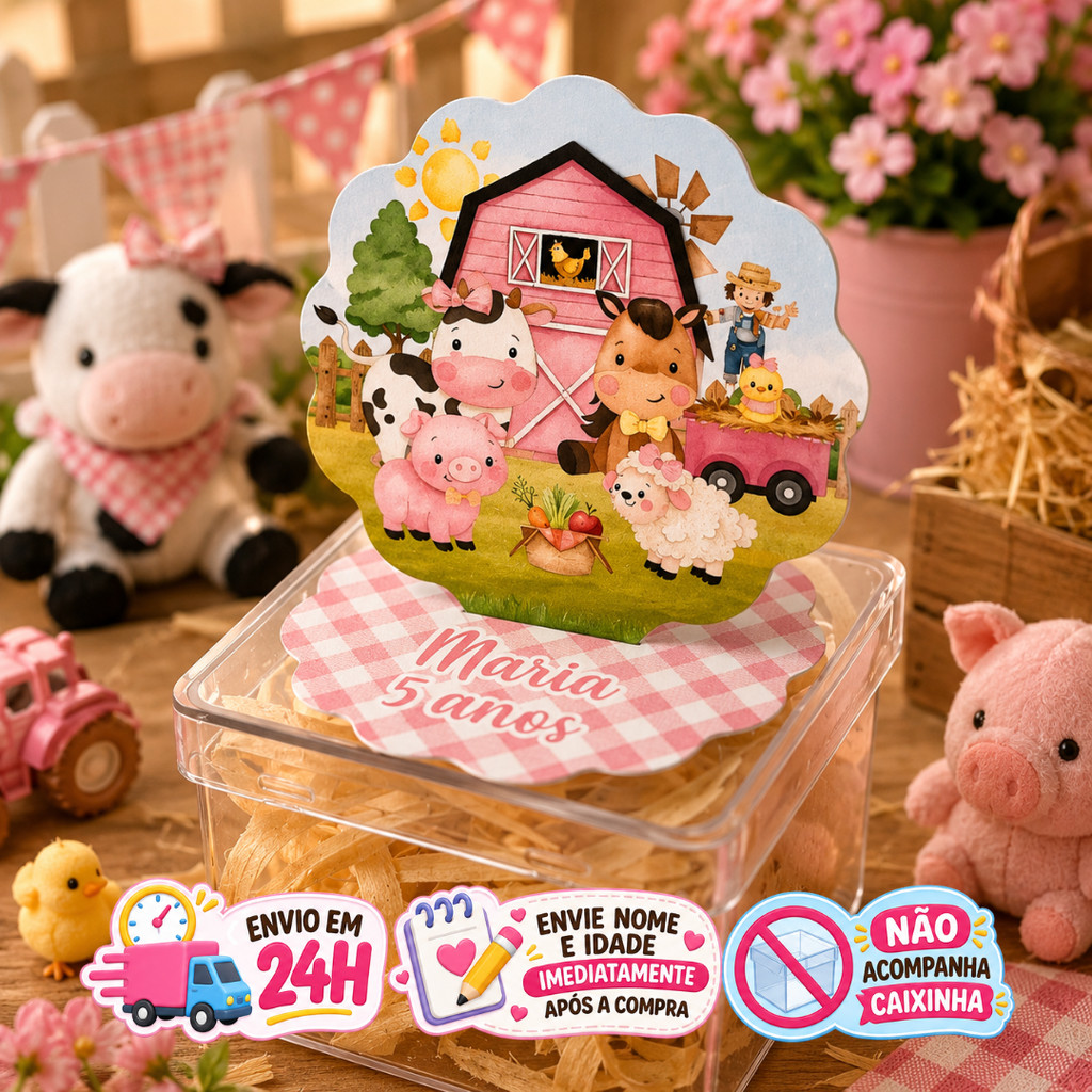 Aplique em Pé 3D Fazendinha Rosa Personalizado Lembrancinha Festa Infantil Kit 10 a 50 unidades
