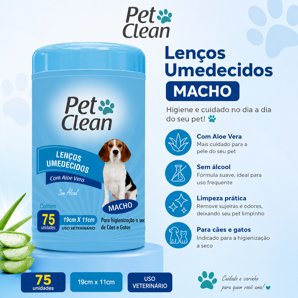 Toalha Lenço Umedecido Para Caes E Gatos Pet Macho Pote com 75 Unidades Higienizar Sem AlcoolPet — imagem 2 de 2
