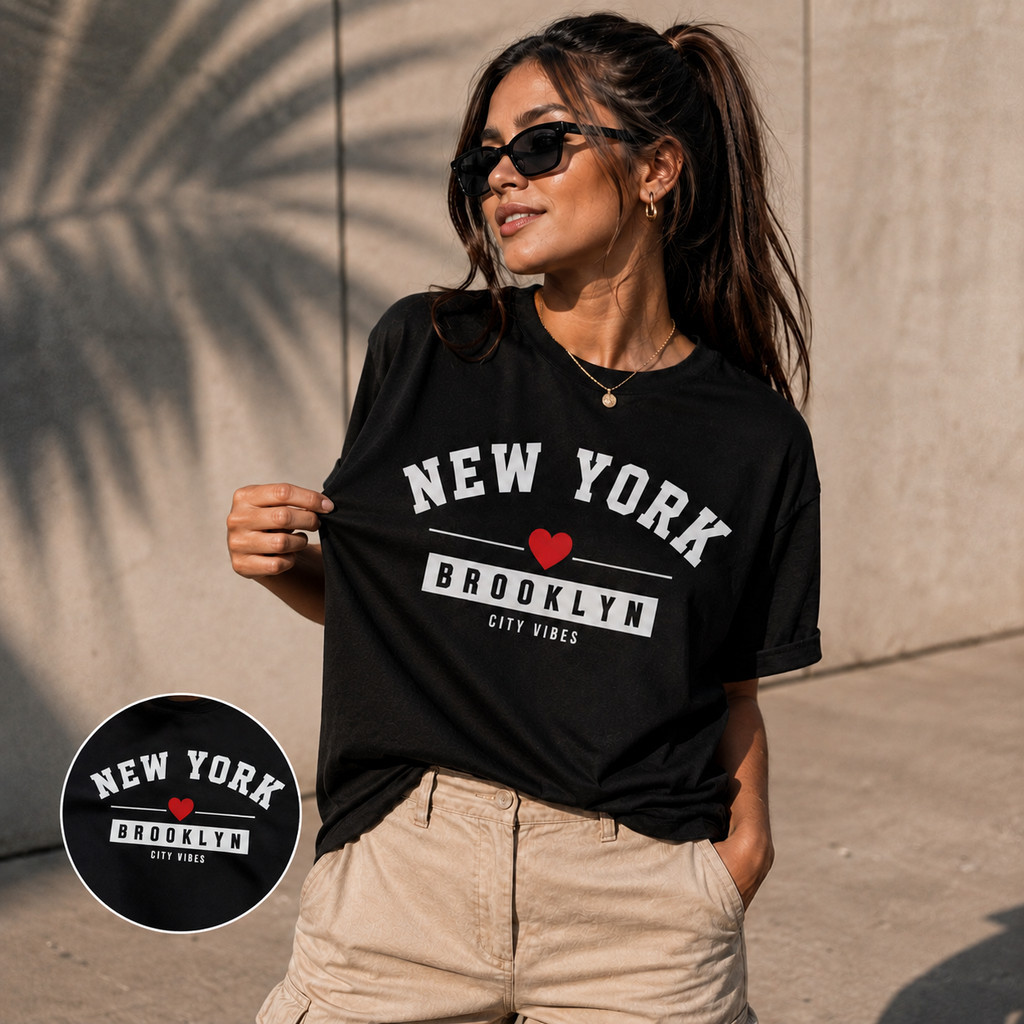 Camiseta Feminina Estampada New York Brooklyn Algodão Confortável Moda Urbana