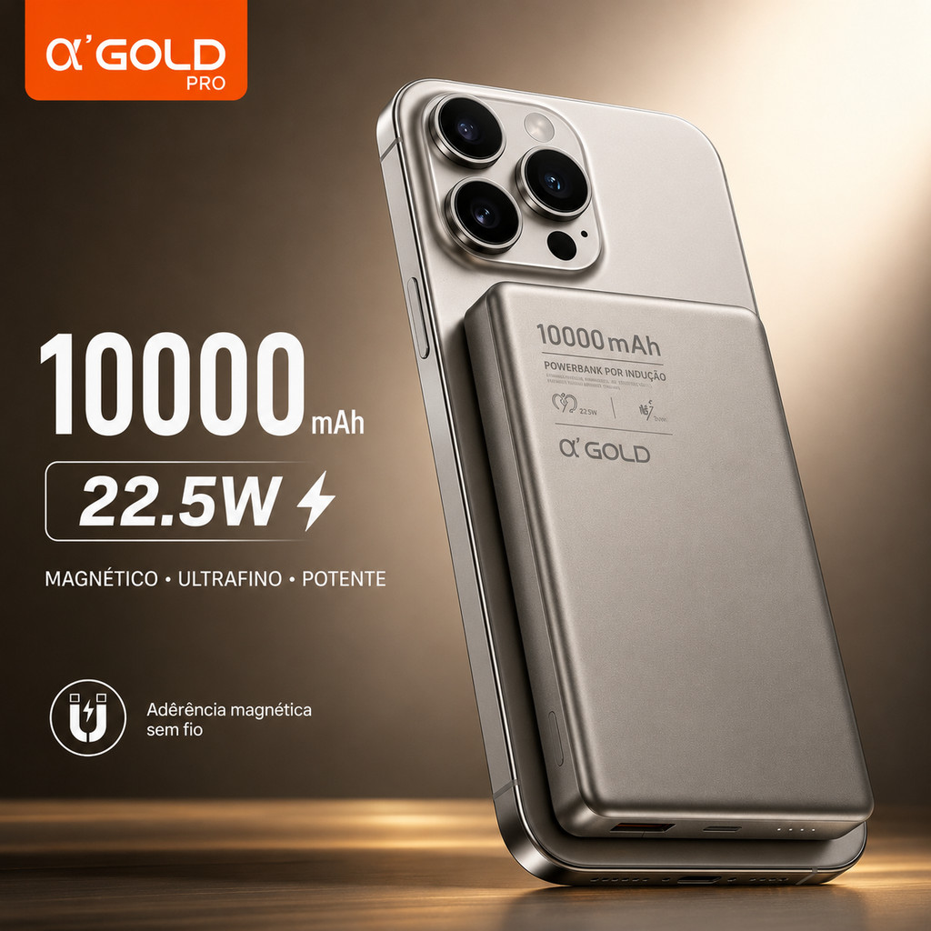 Power Bank Magnético Turbo de Alumínio MagSafe 10000mAh 22.5W USB-C A´GOLD