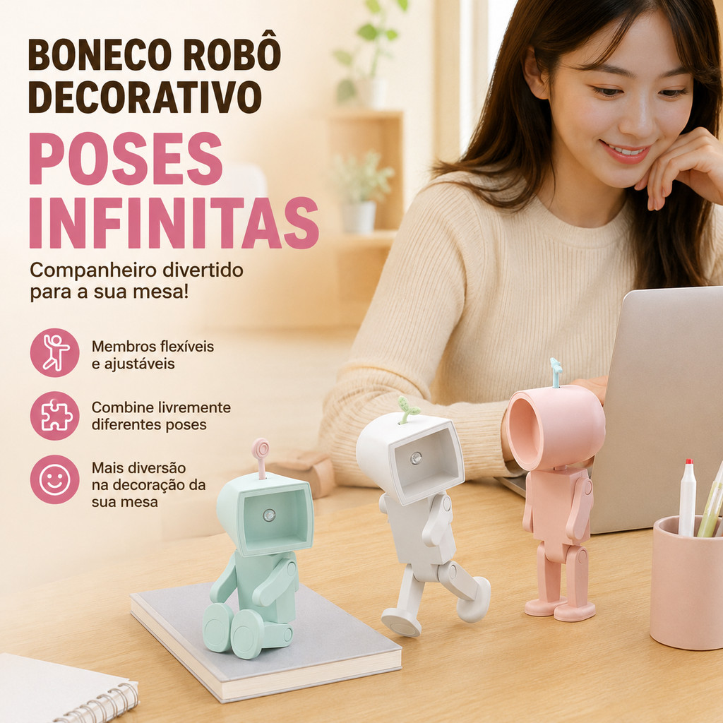Mini Luminária de Mesa LED Formato de Robô Base Magnética Braços Articuláveis Luz Suave Para Quarto e Cabeceira