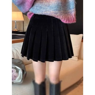 Xiaoxiang estilo preto veludo saia plissada feminina 2026 primavera novo estilo cintura alta inchado saia curta Anti-ref