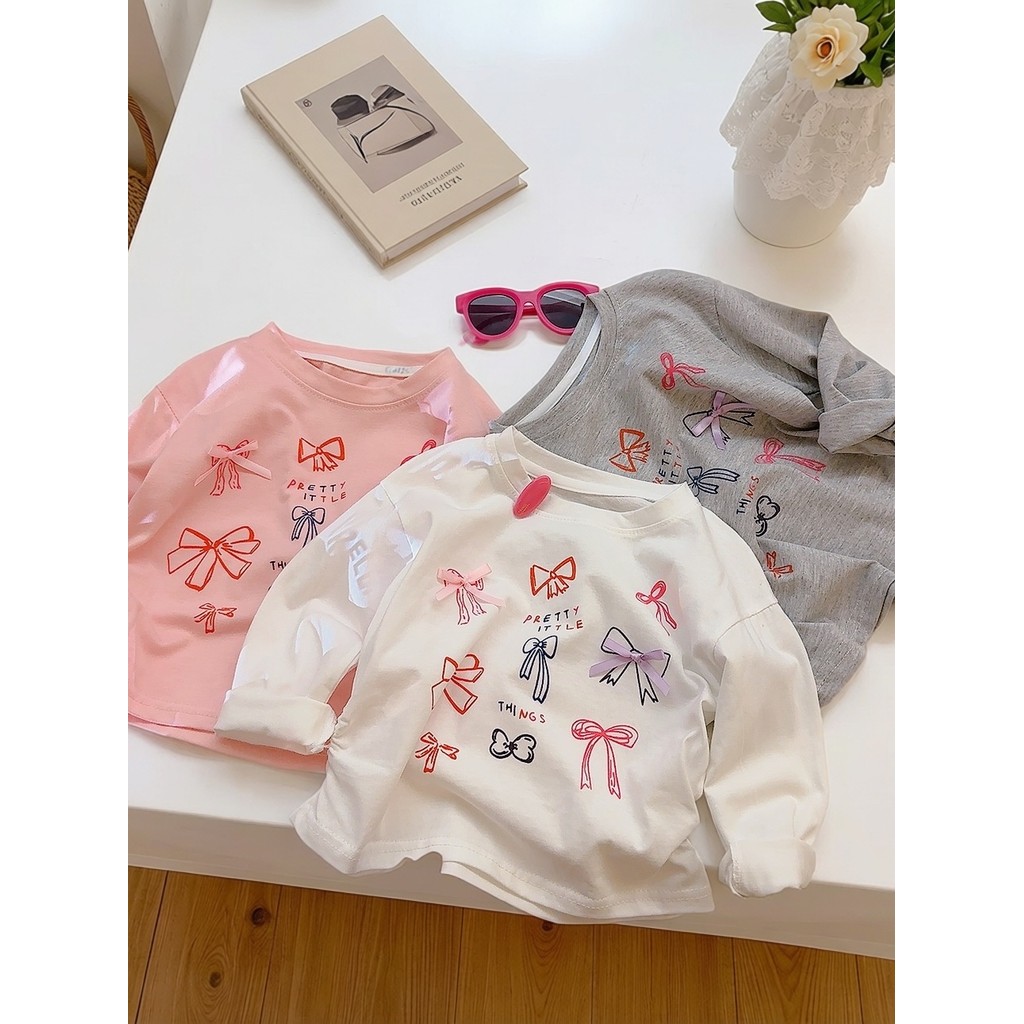 Crianças crianças camiseta de manga comprida meninas versão coreana bonito arco impresso puro algodão camisa de fundo pr
