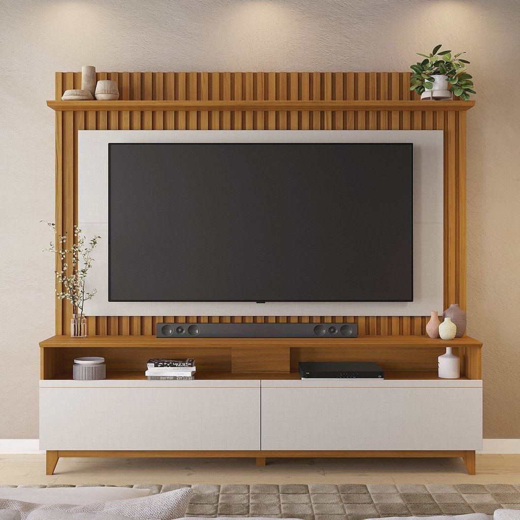 Estante para TV e Home Theater Ripado para TV até 65 Polegadas 183CMX188,5cm Detalhe da Nt 1340 Marrom Freijó/Off