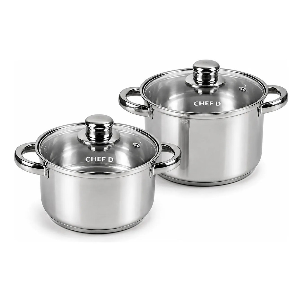 Kit 2 Panelas Inox Caçarola Fundo Triplo Tampa Vidro Indução Gás Elétrico Cozinha Família