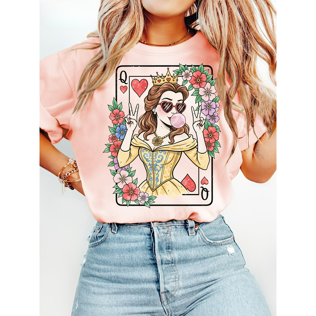 Camiseta Feminina Estilosa Moderna Estampa de Princesa Vintage Minimalista em Algodão Confortável