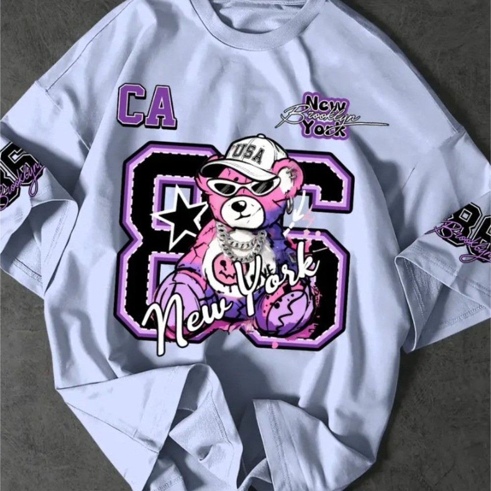Camiseta Masculina Urso Roxo Streetwear com Estampado Gráfico, Estilo de Rua Hip Hop, Lançamento Tendencia moda verão