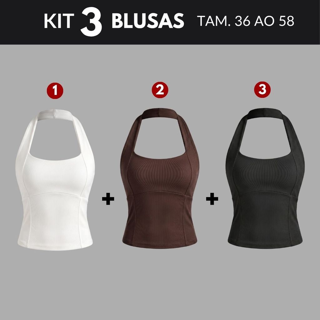 KIT 3 Blusa Feminina Estilosa Tendência Branca Regata Vintage Plus Size Frente Unica Tamanho 36 A 58