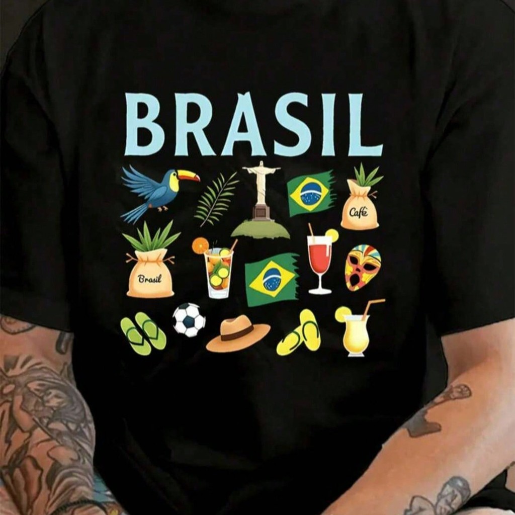 Camiseta Masculina 100% Algodão Estampa Brasil País do Futebol Camisa Blusa Primavera Verão Lançamento Mais Barato