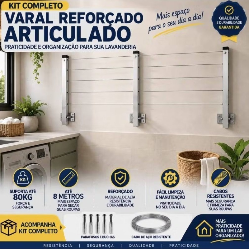 Varal De Roupa Retrátil Parede Muro Apartamento Casa 3 hastes Até 8 metros kit de montagem