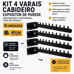 Expositor Rt Arara Cabideiro kit 4 Unidades Preto 40cm com Buchas e Parafusos
