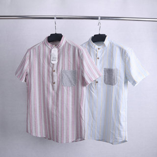 Verão gola redonda algodão linho lavado camisa Casual masculina versão coreana na moda Henry colarinho pulôver respiráve