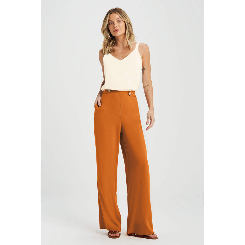 Calça Feminina Pantalona Com Botões Marialícia Laranja