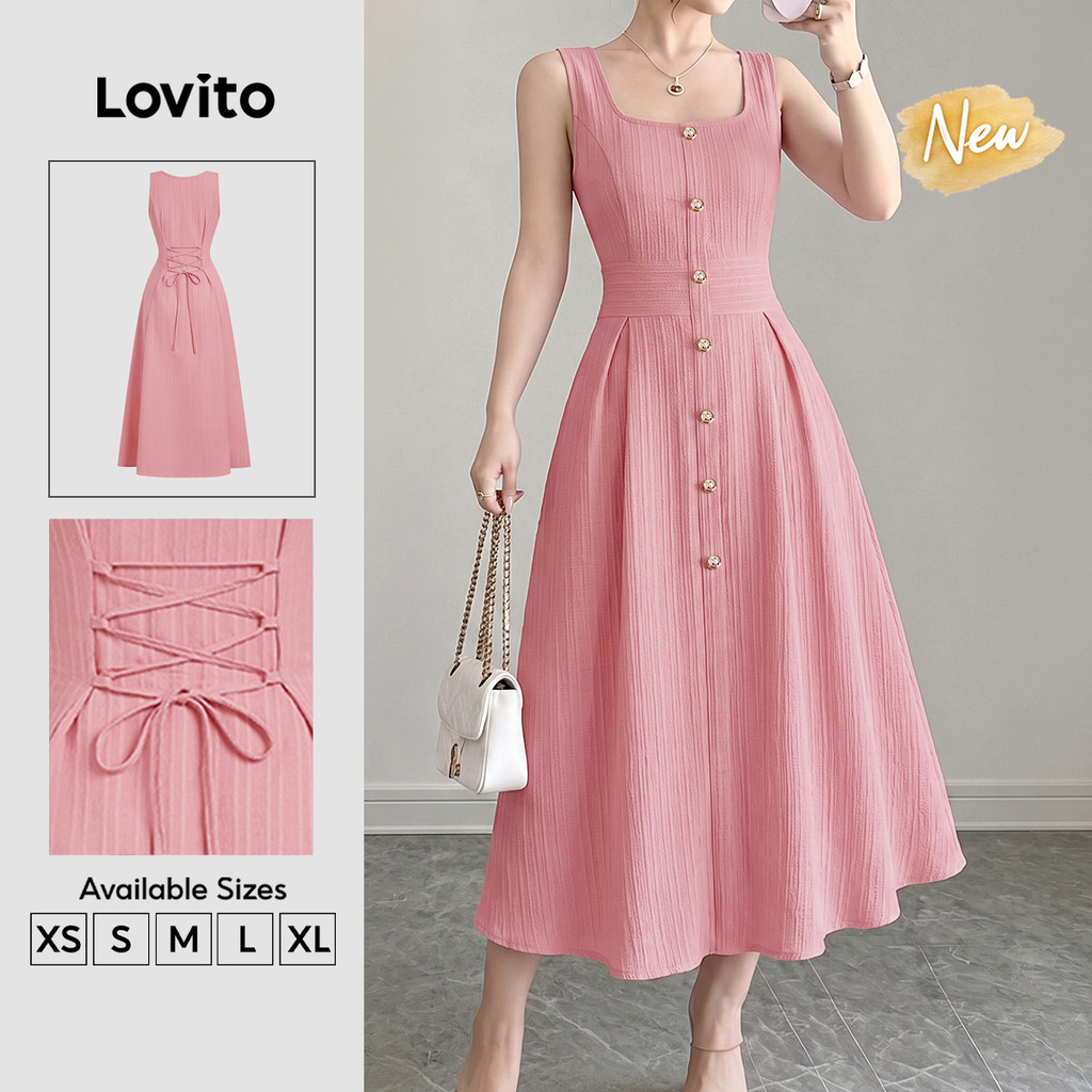 (New Arrival) Lovito Vestido Rosa Elegante Feminino Com Botões Amarração Nas Costas Drapeado Longo Linha a Primavera/Verão Trabalho DRB201P1D277