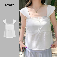 Lovito Top Casual Branco Feminino com Renda para primavera/verão Bordado TKK8TD121