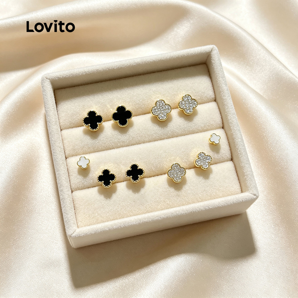 Lovito Brincos Elegantes De Festa Com Textura De Trevo De Quatro Folhas Estilo Coreano ERFB123FX007