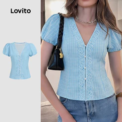 Lovito Blusa Casual Azul de Renda com Botões Primavera/verão para mulheres BLB198P1D501